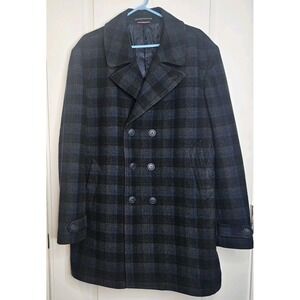 Tommy Hilfiger Mens Wool Blend Double Breasted Pea Coat Check Plaid Size 46R